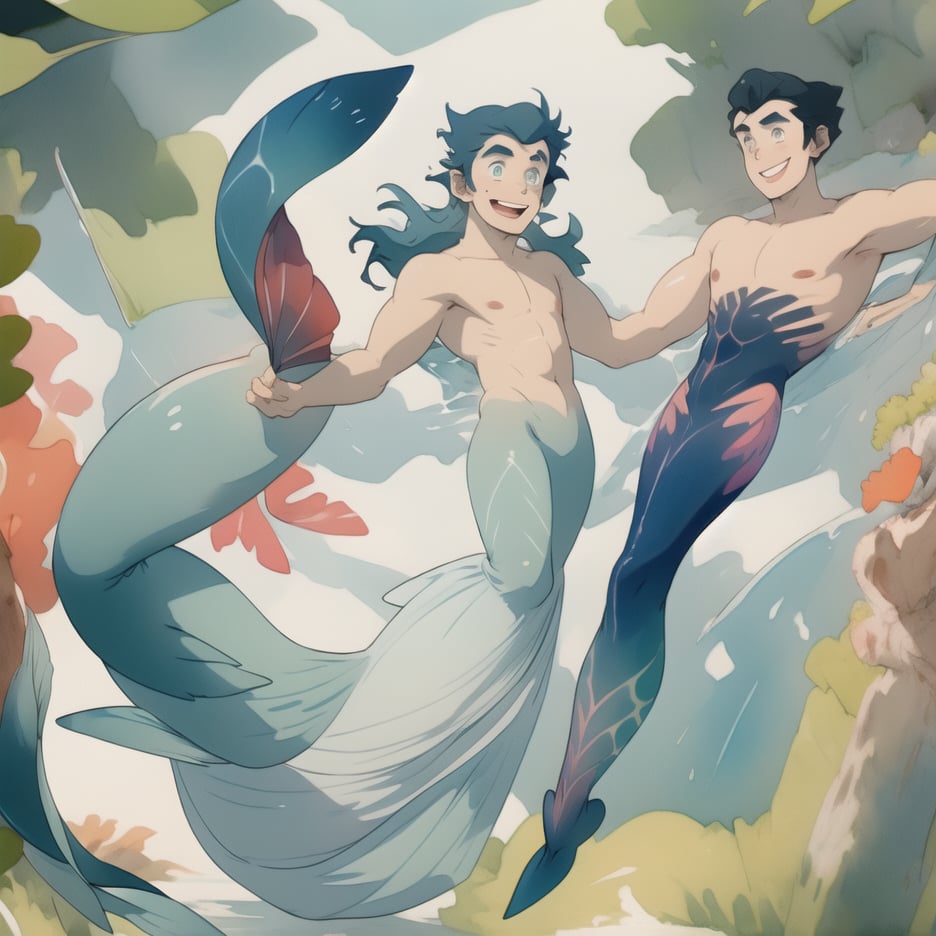 ((best quality)), ((masterpiece)), (detailed), ((perfect face)), male, two cheerful mermen are swimming, two merfolks, lean and muscular body, finned ears, fins, tail glows slightly with luminous scales, very long mermaid tail, bioluminescent, markings along his body,watercolor,perfect light