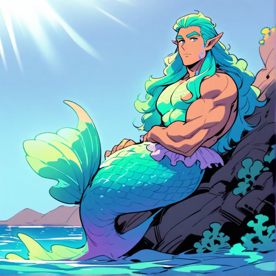 ((best quality)), ((masterpiece)), (detailed), ((perfect face)), male, broad shouldered men, european handsome faces, ((two mermen)), two cheerful mermen are swimming, two merfolks, full bodies, adult, long hair, lean and huge muscular body, finned ears, fins, tail glows slightly with luminous scales, very long mermaid tails, bioluminescent, markings along his body, bright saturated, multicolor, coloring in anime style, interesting seascape, fish, corals, beautiful turquoise clear water, light penetrating through the water, perfect light