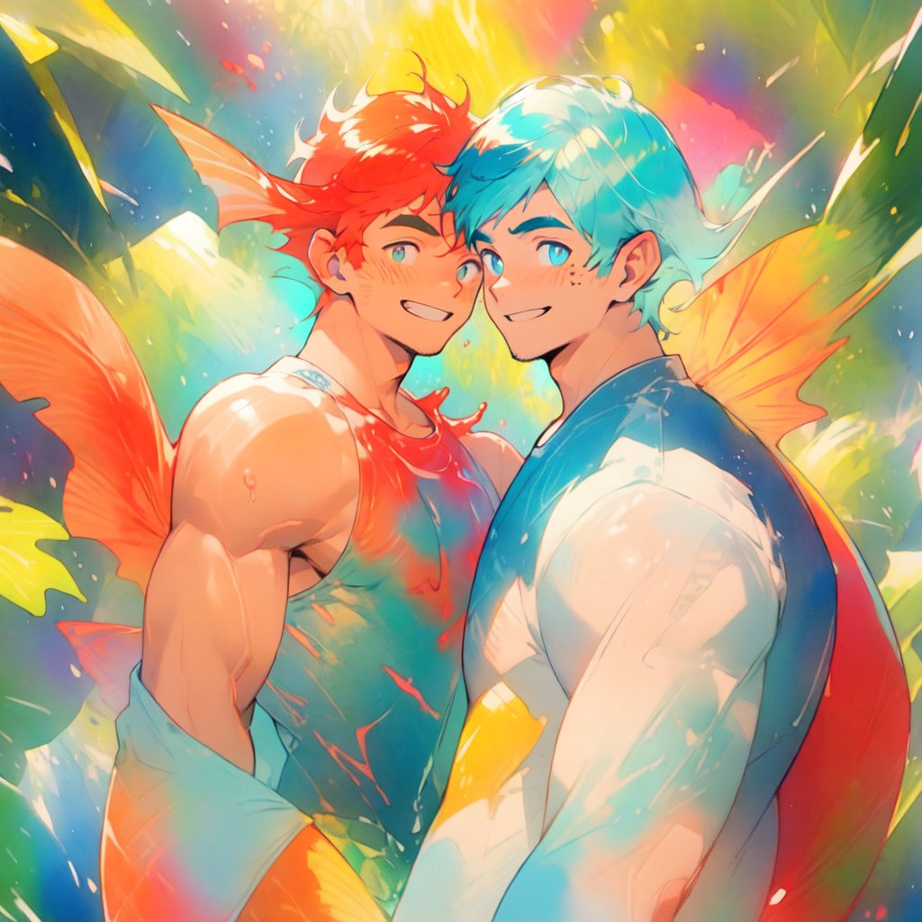  ((best quality)), ((masterpiece)), (detailed), ((perfect face)), male, two happy mermen are swimming, two merfolks, adult, long hair, lean and muscular body, finned ears, fins, tail glows slightly with luminous scales, very long mermaid tails, bioluminescent, markings along his body,watercolor, multicolor, perfect light,Pencil,nijimale