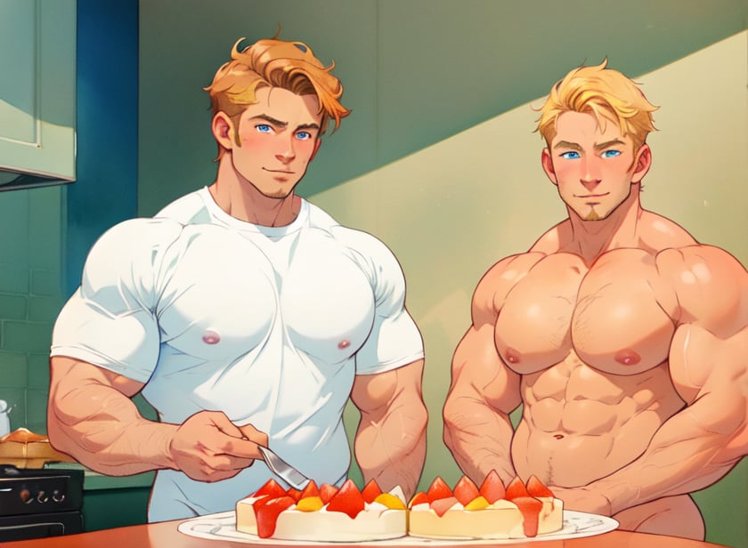 two men (two male), the one man has dark brown long hair, the other man character has short blond hair, blue eyes, they are eating cake, comfortable kitchen, motning, light color predominates, mature, handsome, muscle, mature, muscular, beefy, masculine, charming, alluring, affectionate eyes, lookat viewer, (perfect anatomy), perfect proportions, best quality, white colors, masterpiece, high_resolution, Dutch angle, cowboy shot, kitchen background, watercolor, soft linear, simple colors, no shadows, no shading, black contour line