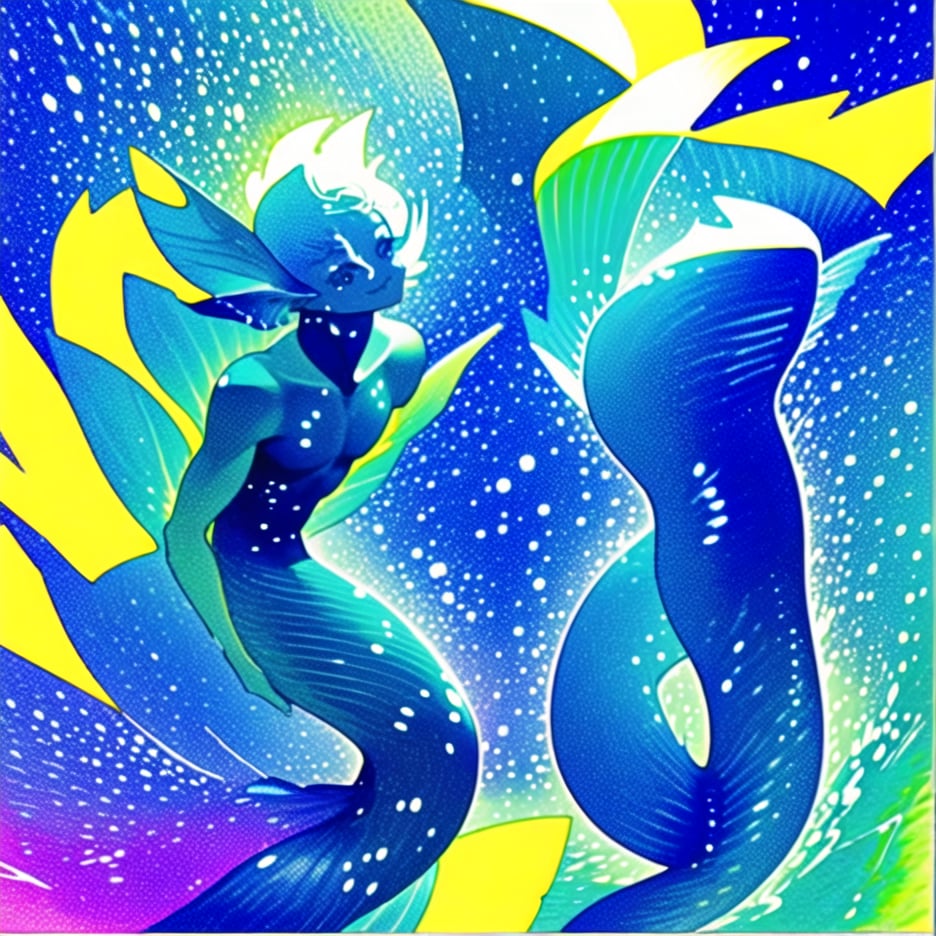 ((best quality)), ((masterpiece)), (detailed), ((perfect face)), male, two cheerful mermen are swimming, two merfolks, lean and muscular body, finned ears, fins, tail glows slightly with luminous scales, very long mermaid tails, bioluminescent, markings along his body,watercolor,perfect light,<lora:659111690174031528:1.0>,<lora:659111690174031528:1.0>