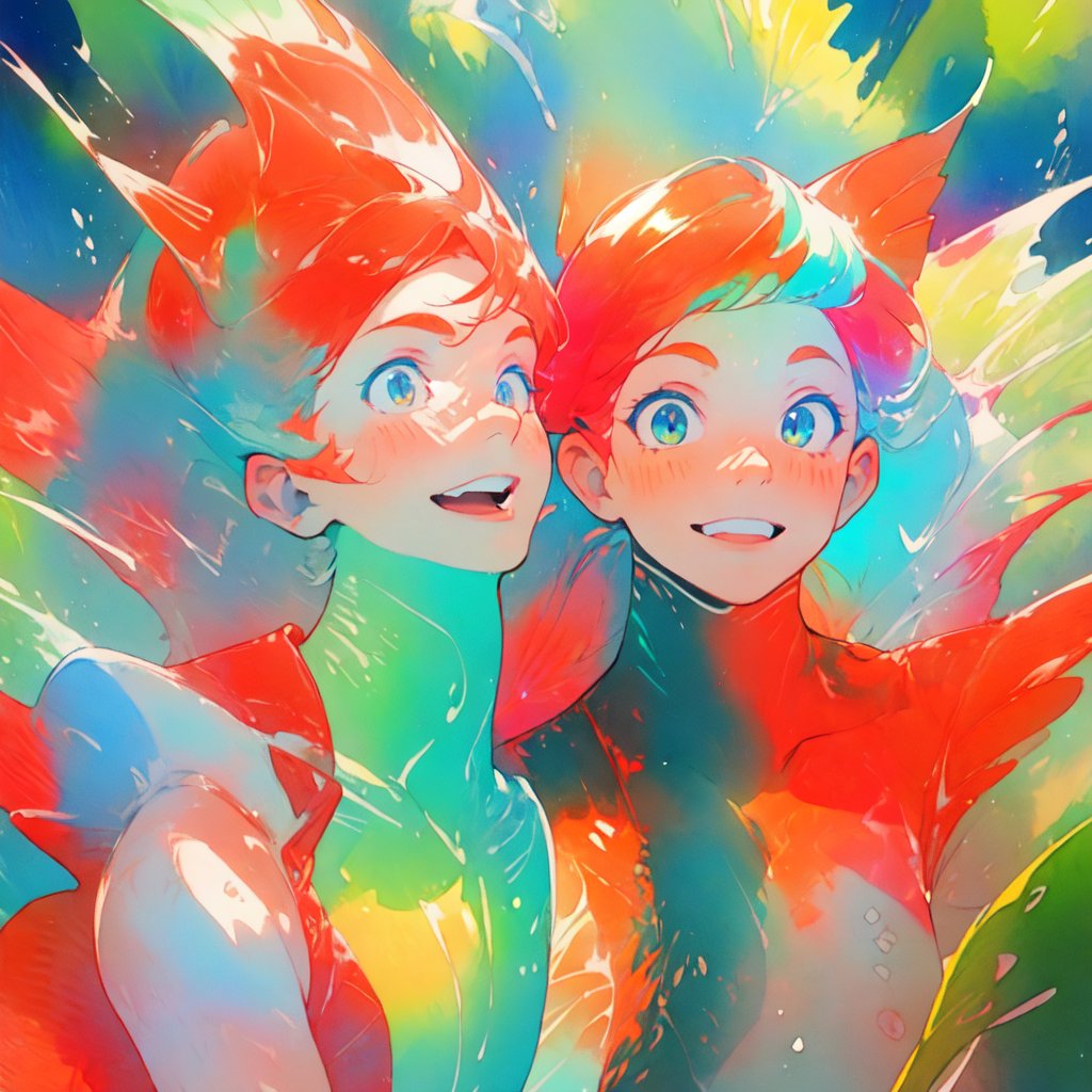  ((best quality)), ((masterpiece)), (detailed), ((perfect face)), male, two happy mermen are swimming, two merfolks, adult, long hair, lean and muscular body, finned ears, fins, tail glows slightly with luminous scales, very long mermaid tails, bioluminescent, markings along his body,watercolor, multicolor, perfect light