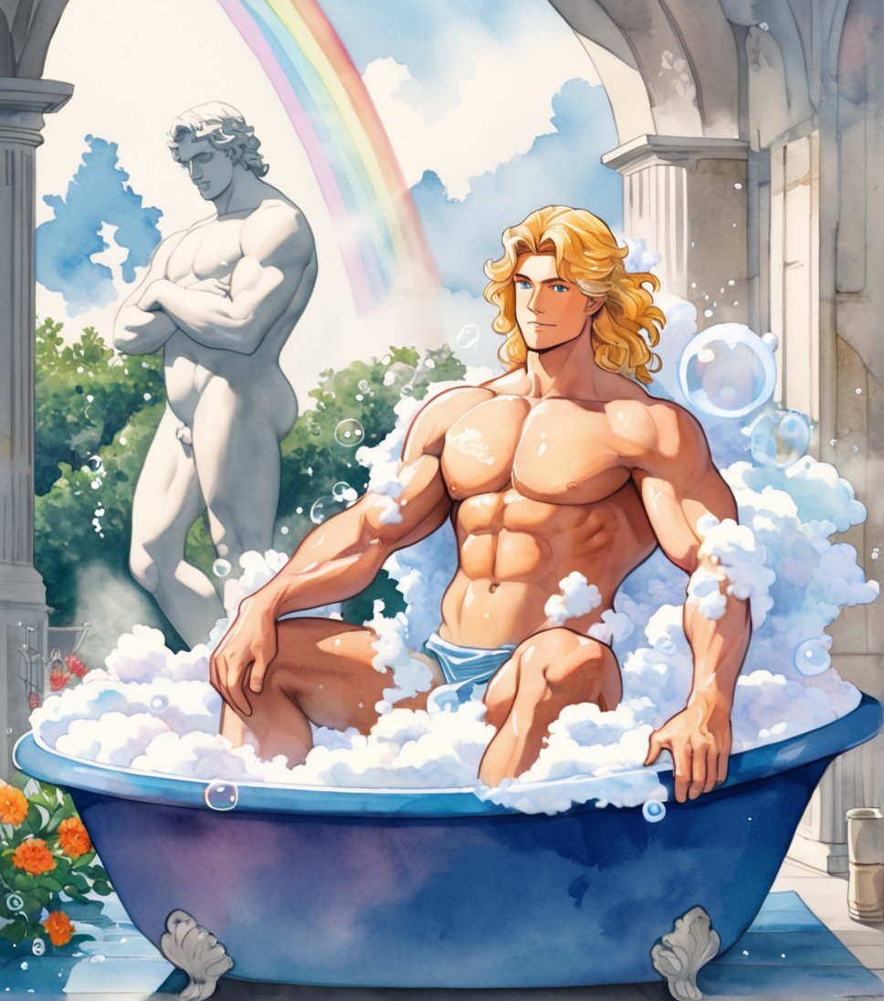 two men characters of the same height, two male, 1man and 1man are in the bath in the water, there is foam on the water and there is a lot of foam around, rainbow soap bubbles are flying, white color predominates, one man has dark brown long hair, the man character has short blond hair, blue eyes, no clothing, mature, handsome, muscle, mature, muscular , beefy, masculine, charming, alluring, affectionate eyes, lookat viewer, (perfect anatomy), perfect proportions, best quality, in the bathroom, white colors, in the morning, they are surrounded by soap foam, masterpiece, high_resolution, Dutch angle, cowboy shot, garden of statues background, watercolor, soft linear