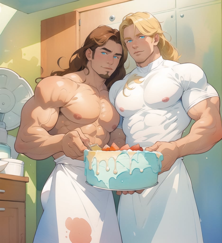 two men (two male), the one man has dark brown long hair, the other man character has short blond hair, blue eyes, they are eating cake, comfortable kitchen, motning, light color predominates, mature, handsome, muscle, mature, muscular, beefy, masculine, charming, alluring, affectionate eyes, lookat viewer, (perfect anatomy), perfect proportions, best quality, white colors, masterpiece, high_resolution, Dutch angle, cowboy shot, kitchen background, watercolor, soft linear, simple colors, no shadows, no shading, black contour line