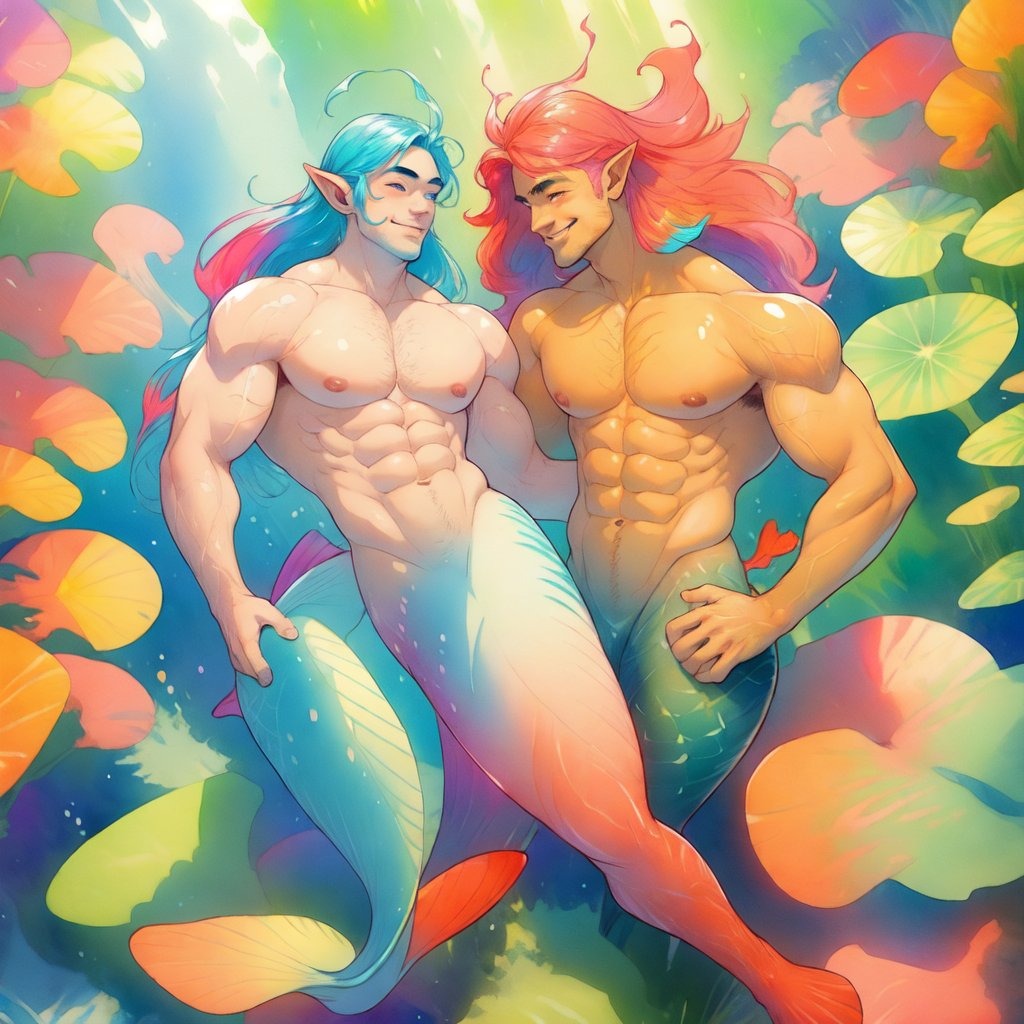  ((best quality)), ((masterpiece)), (detailed), ((perfect face)), male, two happy mermen are swimming, two merfolks, adult, long hair, lean and muscular body, finned ears, fins, tail glows slightly with luminous scales, very long mermaid tails, bioluminescent, markings along his body,watercolor, multicolor, perfect light,portrait