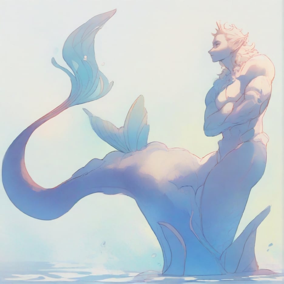 ((best quality)), ((masterpiece)), (detailed), ((perfect face)), male, full bodies, broad shouldered men, huge muscular, european handsome face, two cheerful mermen are swimming in blue water, two merfolks, adult, long hair, lean and muscular body, finned ears, fins, tail glows slightly with luminous scales, very long mermaid tails, bioluminescent, markings along his body,watercolor, multicolor, perfect light