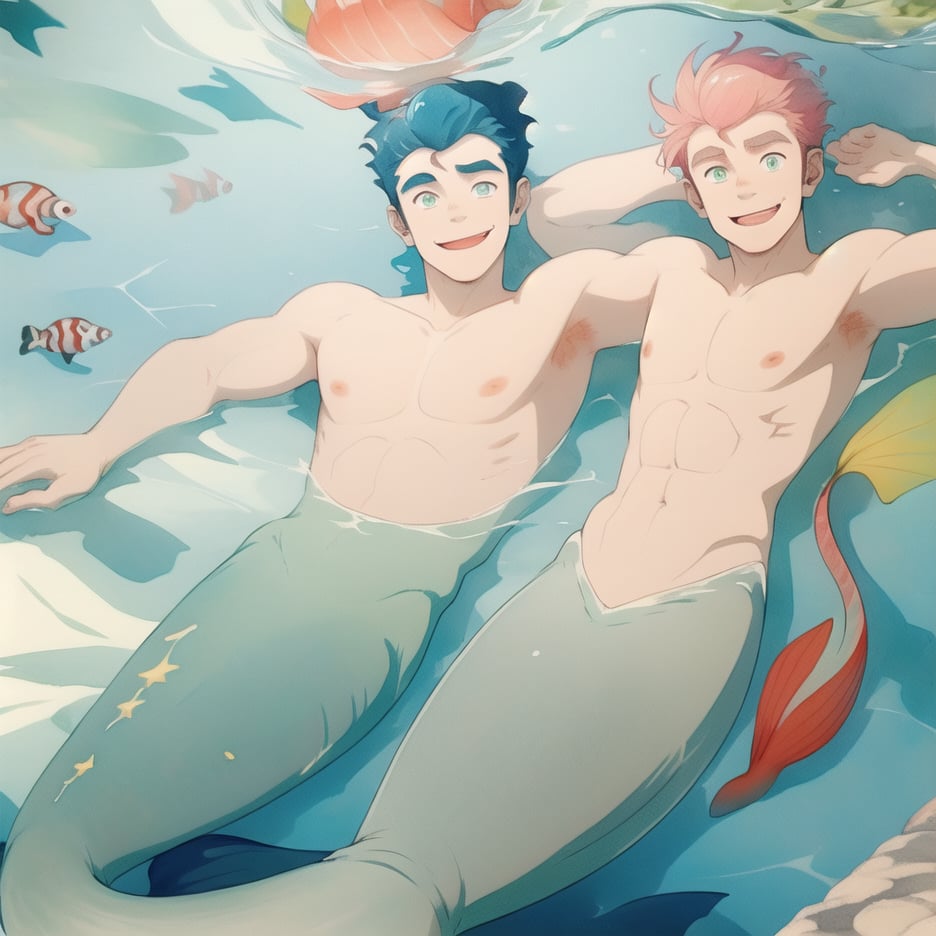 ((best quality)), ((masterpiece)), (detailed), ((perfect face)), male, two cheerful mermen are swimming, two merfolks, lean and muscular body, finned ears, fins, tail glows slightly with luminous scales, very long mermaid tail, bioluminescent, markings along his body,watercolor,perfect light