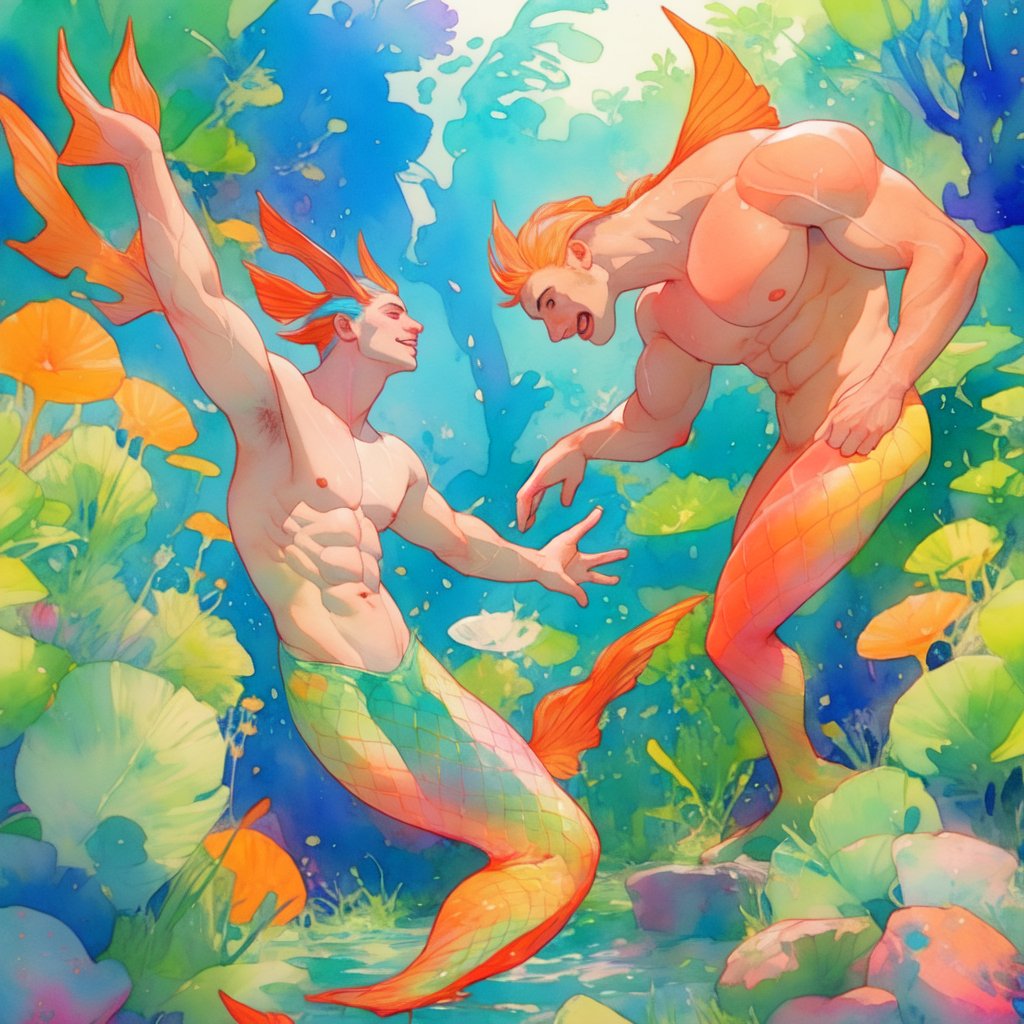 ((best quality)), ((masterpiece)), (detailed), ((perfect face)), male, two mermen are swimming, two merfolks, adult, long hair, lean and muscular body, finned ears, fins, tail glows slightly with luminous scales, very long mermaid tails, bioluminescent, markings along his body,watercolor, multicolor, perfect light