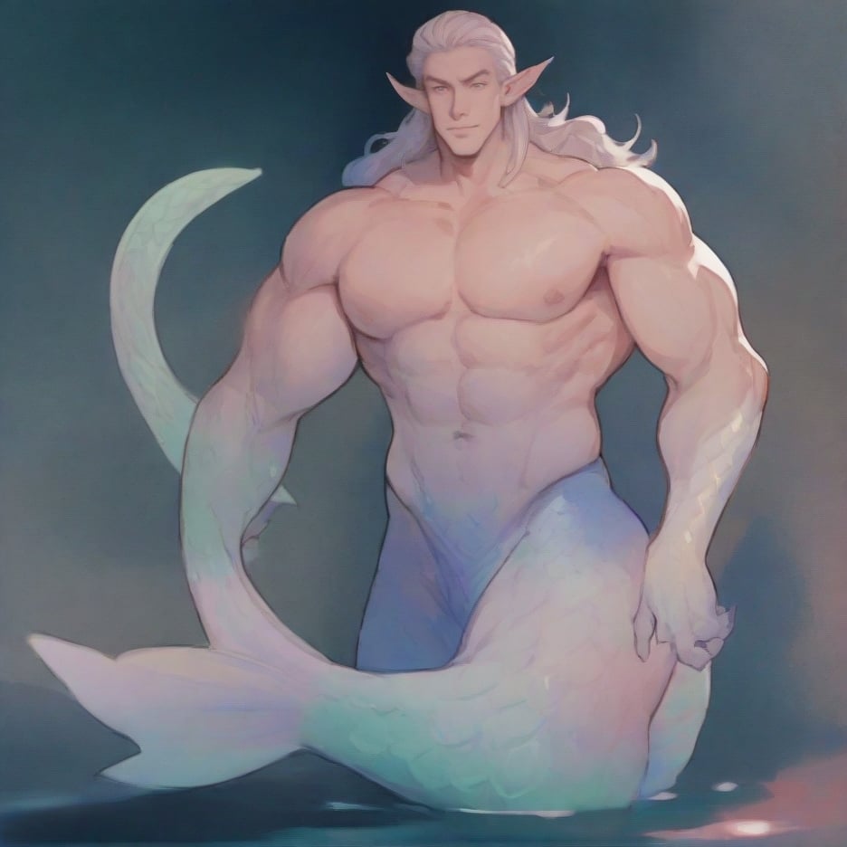 ((best quality)), ((masterpiece)), (detailed), ((perfect face)), male, full bodies, broad shouldered men, huge muscular, european handsome face, two cheerful mermen are swimming, two merfolks, adult, long hair, lean and muscular body, finned ears, fins, tail glows slightly with luminous scales, very long mermaid tails, bioluminescent, markings along his body,watercolor, multicolor, perfect light