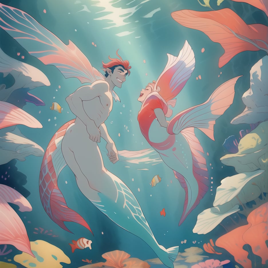 ((best quality)), ((masterpiece)), (detailed), ((perfect face)), male, two cheerful mermen are swimming, two merfolks, adult, long hair, lean and muscular body, finned ears, fins, tail glows slightly with luminous scales, very long mermaid tails, bioluminescent, markings along his body,watercolor, multicolor, perfect light,1guy