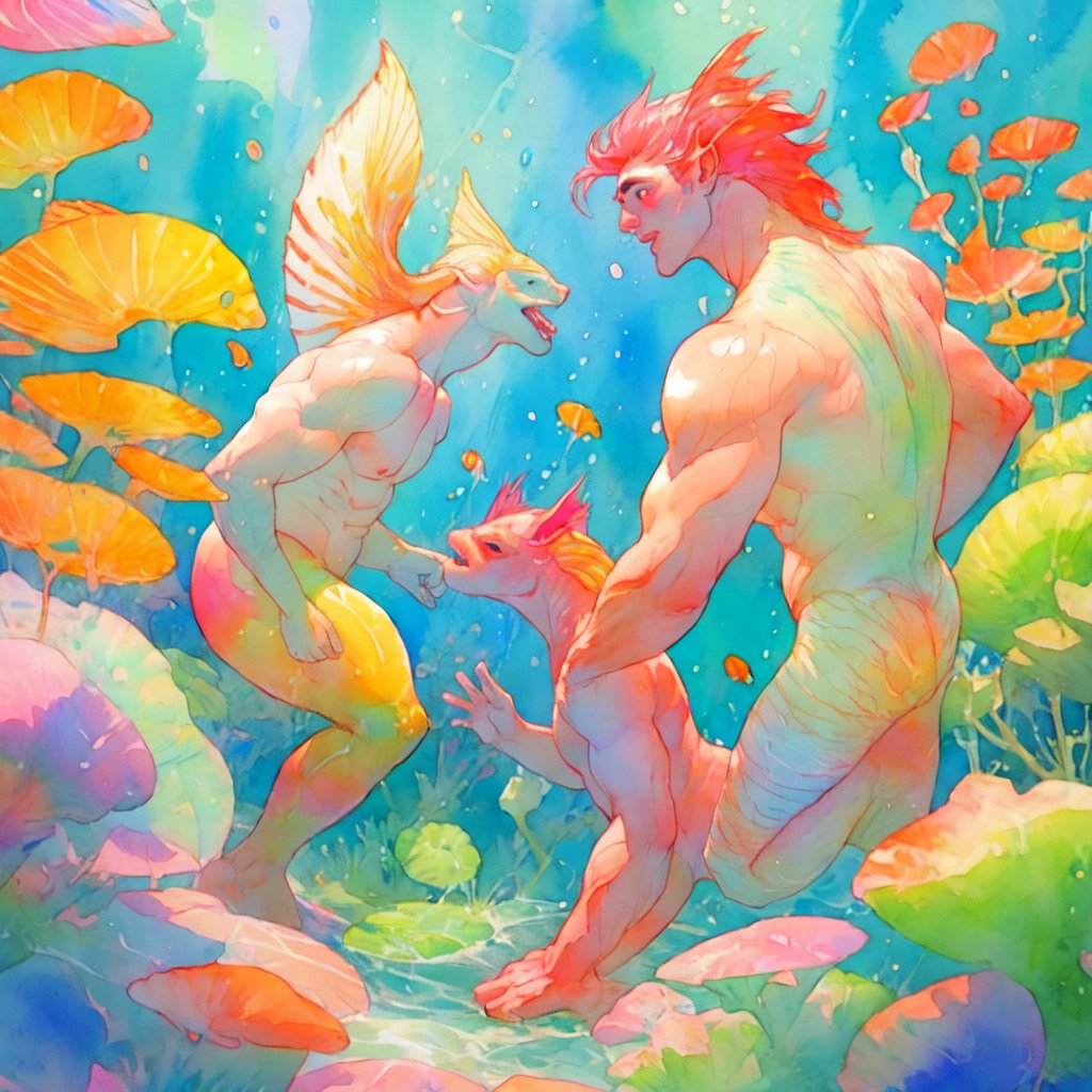  ((best quality)), ((masterpiece)), (detailed), ((perfect face)), male, two mermen are swimming, two merfolks, adult, long hair, lean and muscular body, finned ears, fins, tail glows slightly with luminous scales, very long mermaid tails, bioluminescent, markings along his body,watercolor, multicolor, perfect light