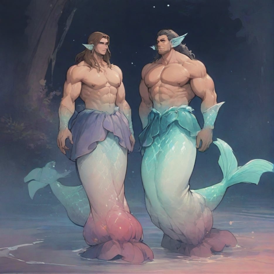 ((best quality)), ((masterpiece)), (detailed), ((perfect face)), male, full bodies, broad shouldered men, huge muscular, european handsome face, two cheerful mermen are swimming, two merfolks, adult, long hair, lean and muscular body, finned ears, fins, tail glows slightly with luminous scales, very long mermaid tails, bioluminescent, markings along his body,watercolor, multicolor, perfect light