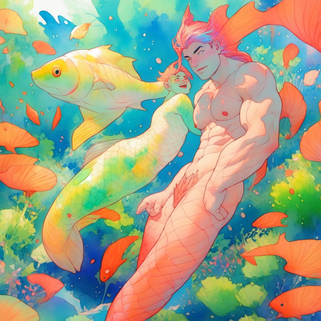 ((best quality)), ((masterpiece)), (detailed), ((perfect face)), male, two mermen are swimming, two merfolks, adult, long hair, lean and muscular body, finned ears, fins, tail glows slightly with luminous scales, very long mermaid tails, bioluminescent, markings along his body,watercolor, multicolor, perfect light