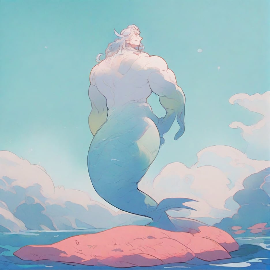 ((best quality)), ((masterpiece)), (detailed), ((perfect face)), male, broad shouldered men, european handsome faces, ((two mermen)), two cheerful mermen are swimming, two merfolks, full bodies, adult, long hair, lean and huge muscular body, finned ears, fins, tail glows slightly with luminous scales, very long mermaid tails, bioluminescent, markings along his body,watercolor, multicolor, coloring in Ghibli style, interesting seascape, fish, corals, beautiful turquoise clear water, light penetrating through the water, perfect light