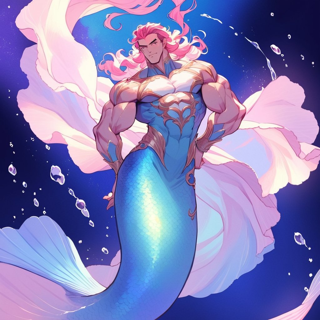 mermaid men are swimming in blue water, mature, handsome, muscle, beefy, masculine, charming, alluring, affectionate eyes, lookat viewer, (perfect anatomy), perfect proportions, best quality, masterpiece, high_resolution, Dutch angle, cowboy shot, watercolor,muscular_female, art nouveau,EXMU