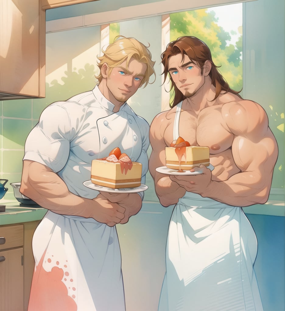 two men (two male), the one man has dark brown long hair, the other man character has short blond hair, blue eyes, they are eating cake, comfortable kitchen, motning, light color predominates, mature, handsome, muscle, mature, muscular, beefy, masculine, charming, alluring, affectionate eyes, lookat viewer, (perfect anatomy), perfect proportions, best quality, white colors, masterpiece, high_resolution, Dutch angle, cowboy shot, kitchen background, watercolor, soft linear, simple colors, no shadows, no shading, black contour line