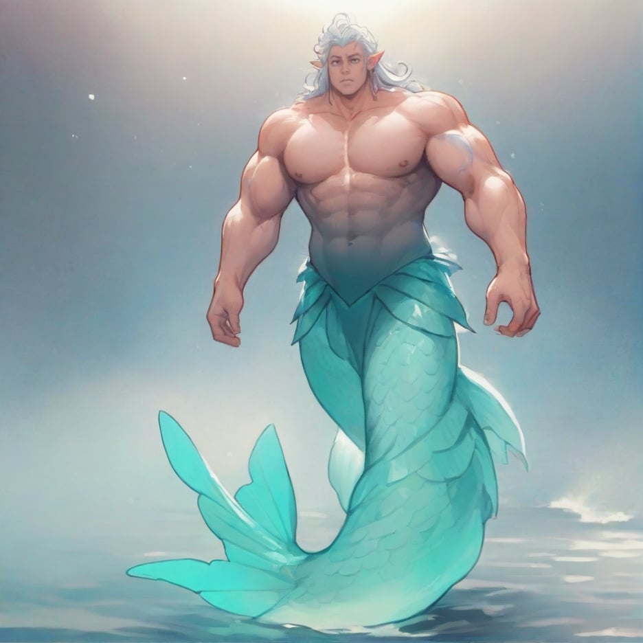 ((best quality)), ((masterpiece)), (detailed), ((perfect face)), male, full bodies, broad shouldered men, huge muscular, european handsome face, two cheerful mermen are swimming, two merfolks, adult, long hair, lean and muscular body, finned ears, fins, tail glows slightly with luminous scales, very long mermaid tails, bioluminescent, markings along his body,watercolor, multicolor, perfect light