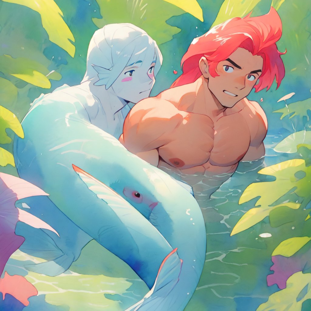  ((best quality)), ((masterpiece)), (detailed), ((perfect face)), male, two mermen are swimming, two merfolks, adult, long hair, lean and muscular body, finned ears, fins, tail glows slightly with luminous scales, very long mermaid tails, bioluminescent, markings along his body,watercolor, multicolor, perfect light