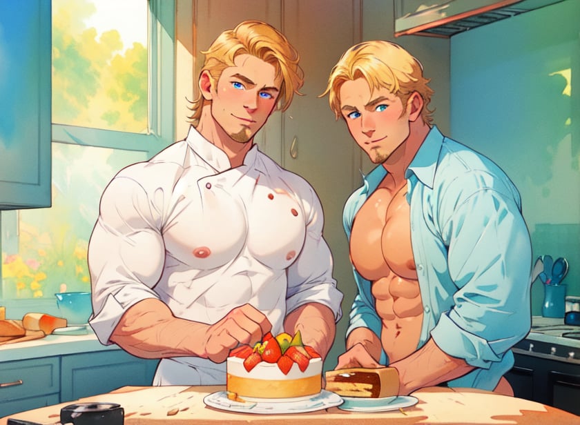 two men (two male), the one man has dark brown long hair, the other man character has short blond hair, blue eyes, they are eating cake, comfortable kitchen, motning, light color predominates, mature, handsome, muscle, mature, muscular, beefy, masculine, charming, alluring, affectionate eyes, lookat viewer, (perfect anatomy), perfect proportions, best quality, white colors, masterpiece, high_resolution, Dutch angle, cowboy shot, kitchen background, watercolor, soft linear, simple colors, no shadows, no shading, black contour line