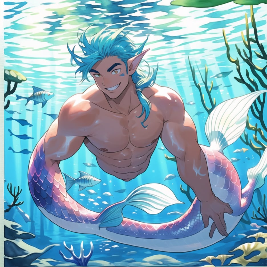 ((best quality)), ((masterpiece)), (detailed), ((perfect face)), male, two cheerful mermen are swimming, two merfolks, adult, long hair, lean and muscular body, finned ears, fins, tail glows slightly with luminous scales, very long mermaid tails, bioluminescent, markings along his body,watercolor, multicolor, perfect light