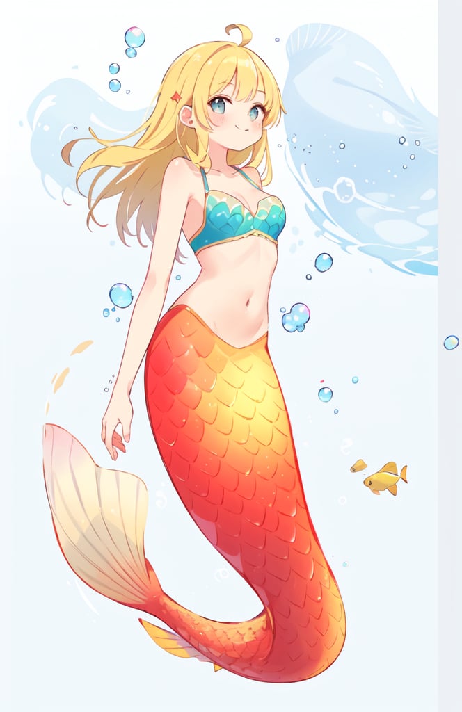 1girl, solo, long hair, breasts, looking at viewer, blush, smile, bangs, blonde hair, simple background, white background, navel, closed mouth, collarbone, full body, ahoge, small breasts, yellow hair, fish, grey background, monster girl, bubble, underwater, wave, air bubble, mermaid, head fins, fin_ears, shell, seashell, shell bikini, pink mermaid tail, swimming