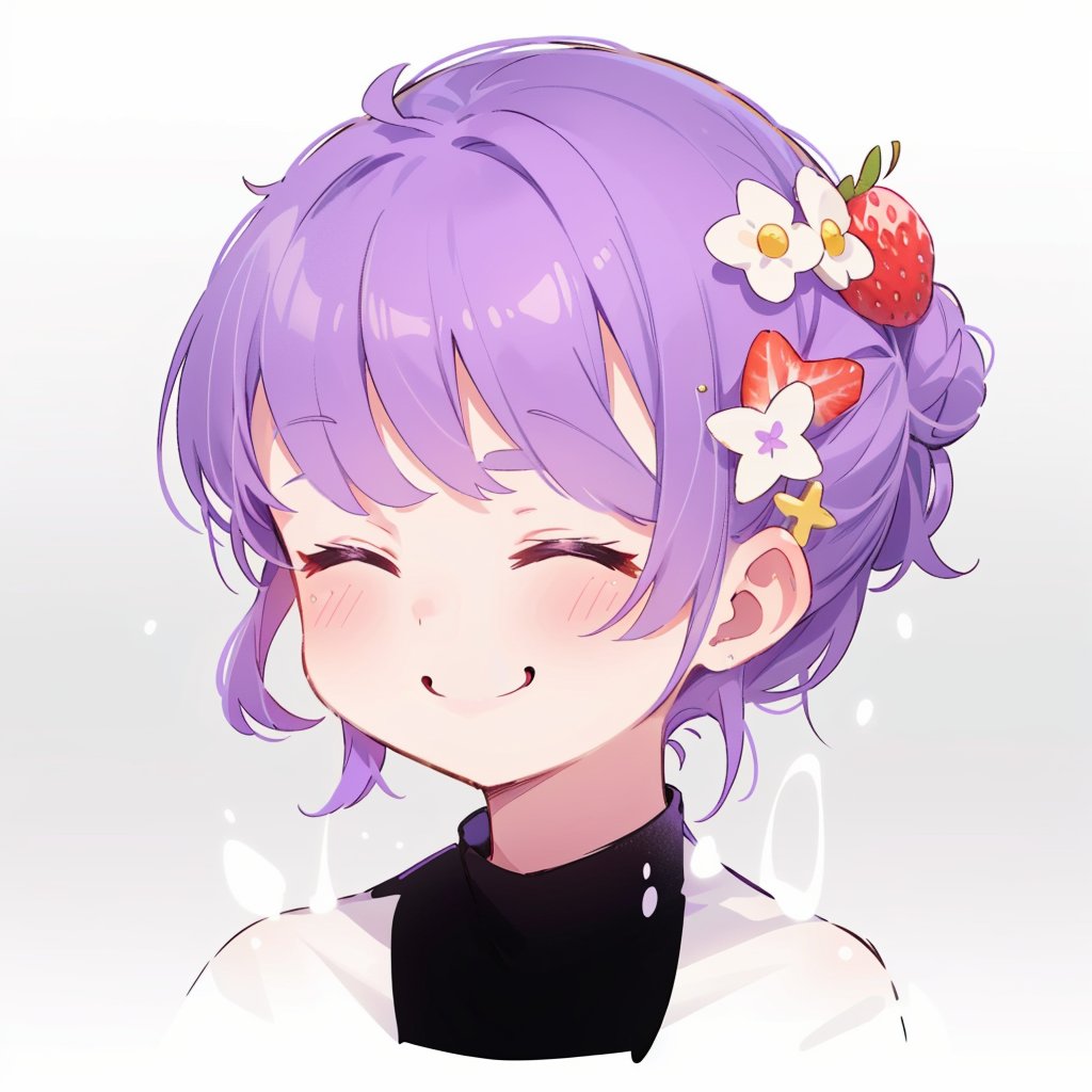 1girl, solo, smile, hair_accessories, hair pulled back, curly_hair, closed eyes, purple hair, Hair_pins, food, hair clips, :smile, 3, fruit, strawberry, bun_(hairstyle), Hair_bun