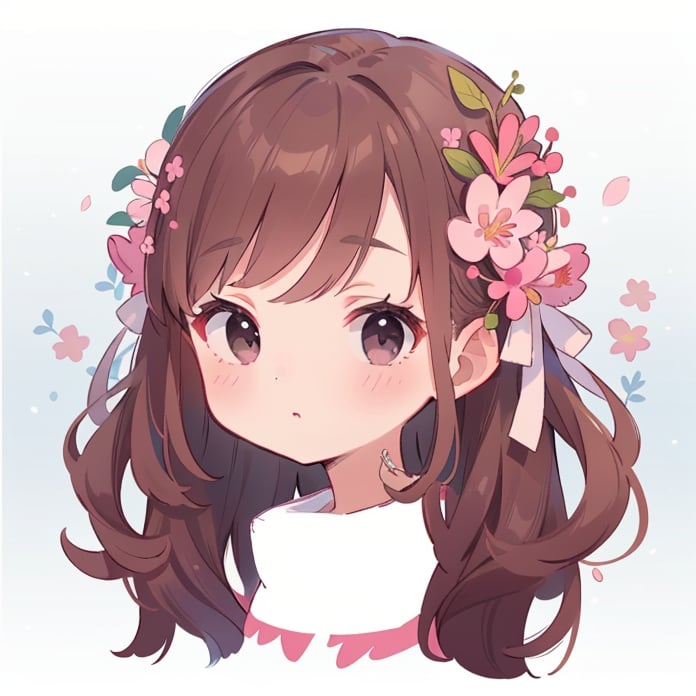 1girl, solo, long hair, looking at viewer, bangs, brown hair, brunette, hair ornament, ribbon, closed mouth, hair ribbon, flower, hair flower, black eyes, cherry_blossom, sakura, portrait, pink flower, cropped torso, black eyes, curly hair