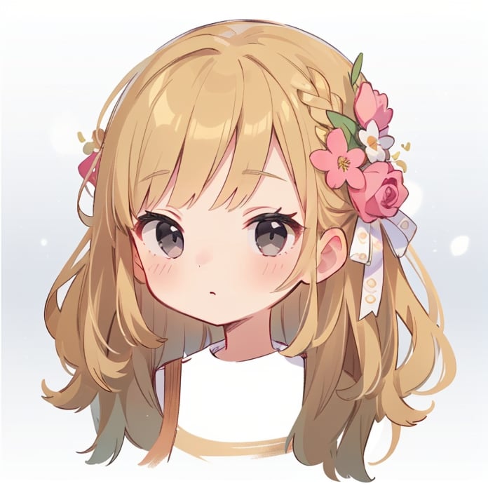 1girl, solo, long hair, looking at viewer, bangs, sandy blond, blond hair, hair ornament, ribbon, closed mouth, hair ribbon, flower, hair flower, black eyes, rose, portrait, pink flower, cropped torso, black eyes, curly hair