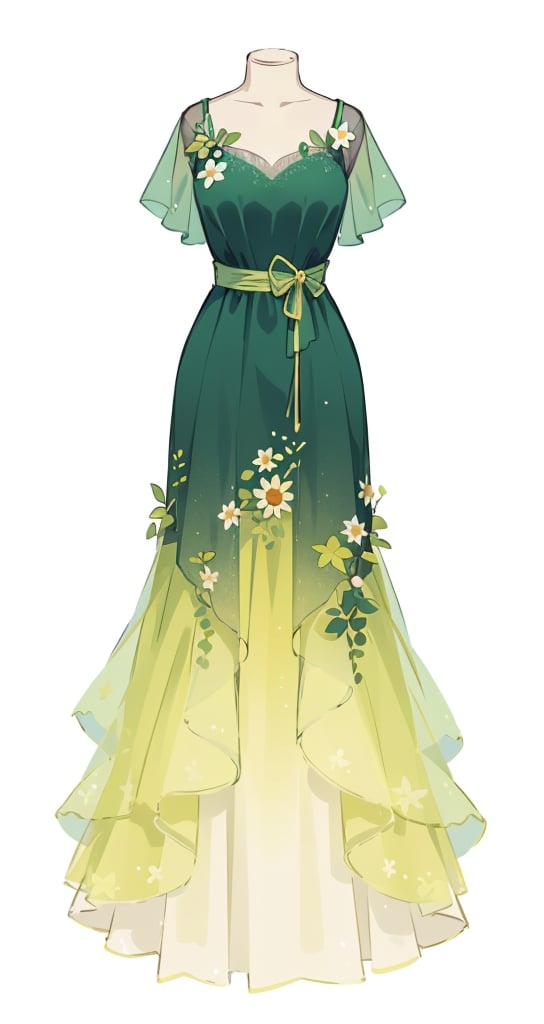 no humans, solo, simple background, white background, dress, standing, yellow dress, long dress, mannequin, green dress, multicolor_gown, daisies, sparkles, flowers, leaves, sheer_sleeves