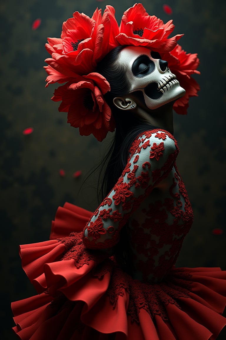 Dia de los muertos, flamenco, flower, tragedy, by Julia Kuzmenko, masterpiece, contrast, high resolution, details, dynamic pose, aesthetics, poetic, art