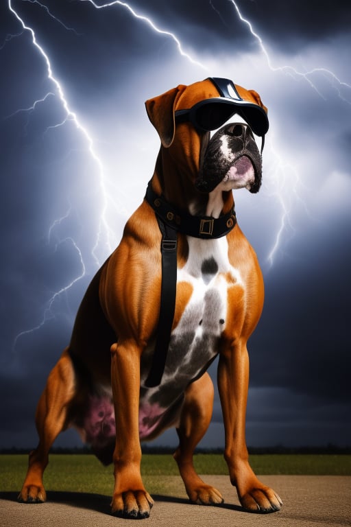 A majestic Boxer dog, its fur ruffled by the gusts of wind, stands at attention beneath a tumultuous stormy night sky. The pup wears an intricately designed suit of medieval knight armor, complete with gleaming steel plates and a pointed helmet, as if preparing for a canine crusade. Lightning illuminates the dark clouds above, casting an ethereal glow on the heroic hound's noble visage.,boxer dog