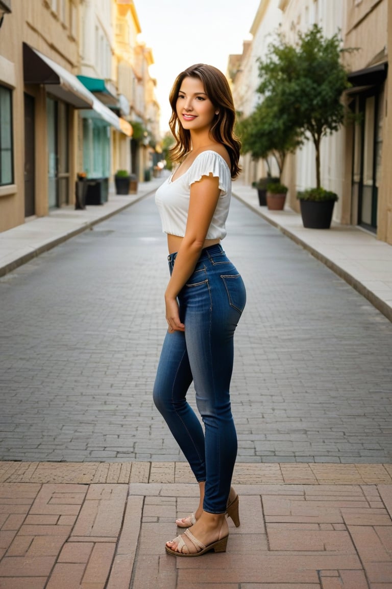 A woman walks solo on a sunny city sidewalk, her stride confident and purposeful. She's dressed in a crisp white blouse and dark jeans, her long brown hair blowing gently in the breeze. The warm light of late afternoon casts a golden glow on the pavement, highlighting her footprints as she disappears into the distance.