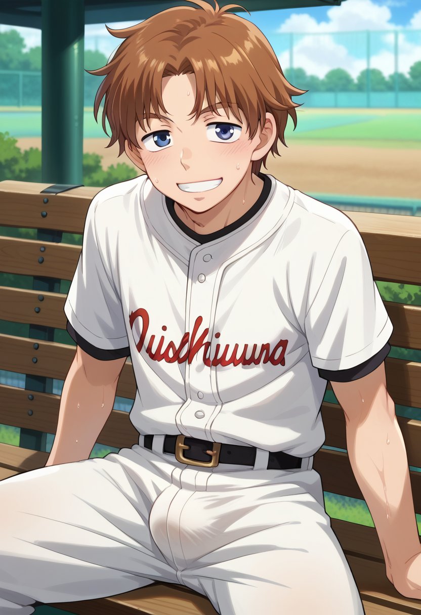 score_9, score_8_up, score_7_up, masterpiece, best quality, extremely detailed,highres,detailed beautiful face and eyes, male focus,solo
BREAK,fumiki,brown hair,blue eyes,male
BREAK,baseball uniform,sweat_drops,excessive swet,
BREAK,smile,happy,
BREAK,sitting on bench,legs_spread,leaning back
BREAK,bulge,