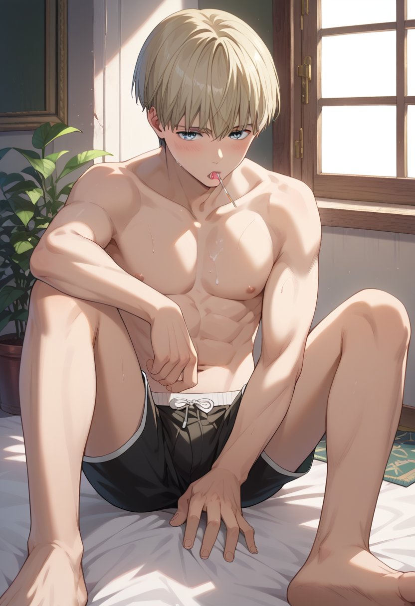 score_9, score_8_up, score_7_up, masterpiece, best quality, extremely detailed,highres,detailed beautiful face and eyes, male focus,solo
BREAK,ren kaji, blonde hair, blue eyes,boxer_shorts,
BREAK,sitting,legs_spread,hand on kneel,
BREAK,topless,lollipop