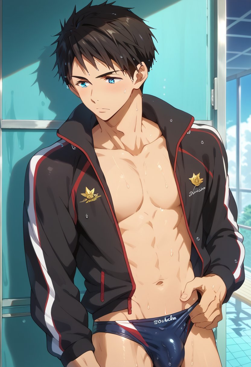 ,score_9, score_8_up, score_7_up, masterpiece, best quality, extremely detailed,highres,detailed beautiful face and eyes, male focus,solo
BREAK,sousuke_yamazaki, black hair, blue eyes, short hair
BREAK,black track jacket,
BREAK,male swimwear,swim briefs,speedo
BREAK,wet_clothes
