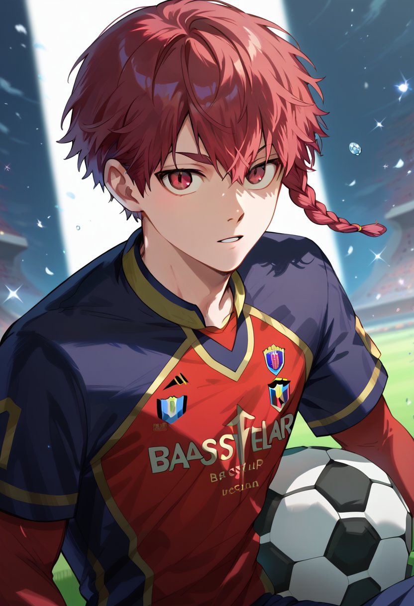 score_9, score_8_up, score_7_up, masterpiece, best quality, extremely detailed,highres,detailed beautiful face and eyes, male focus,solo
BREAK,ranze kurona,braid,single braid,red hair,red eyes,short hair
BREAK,soccer uniform,