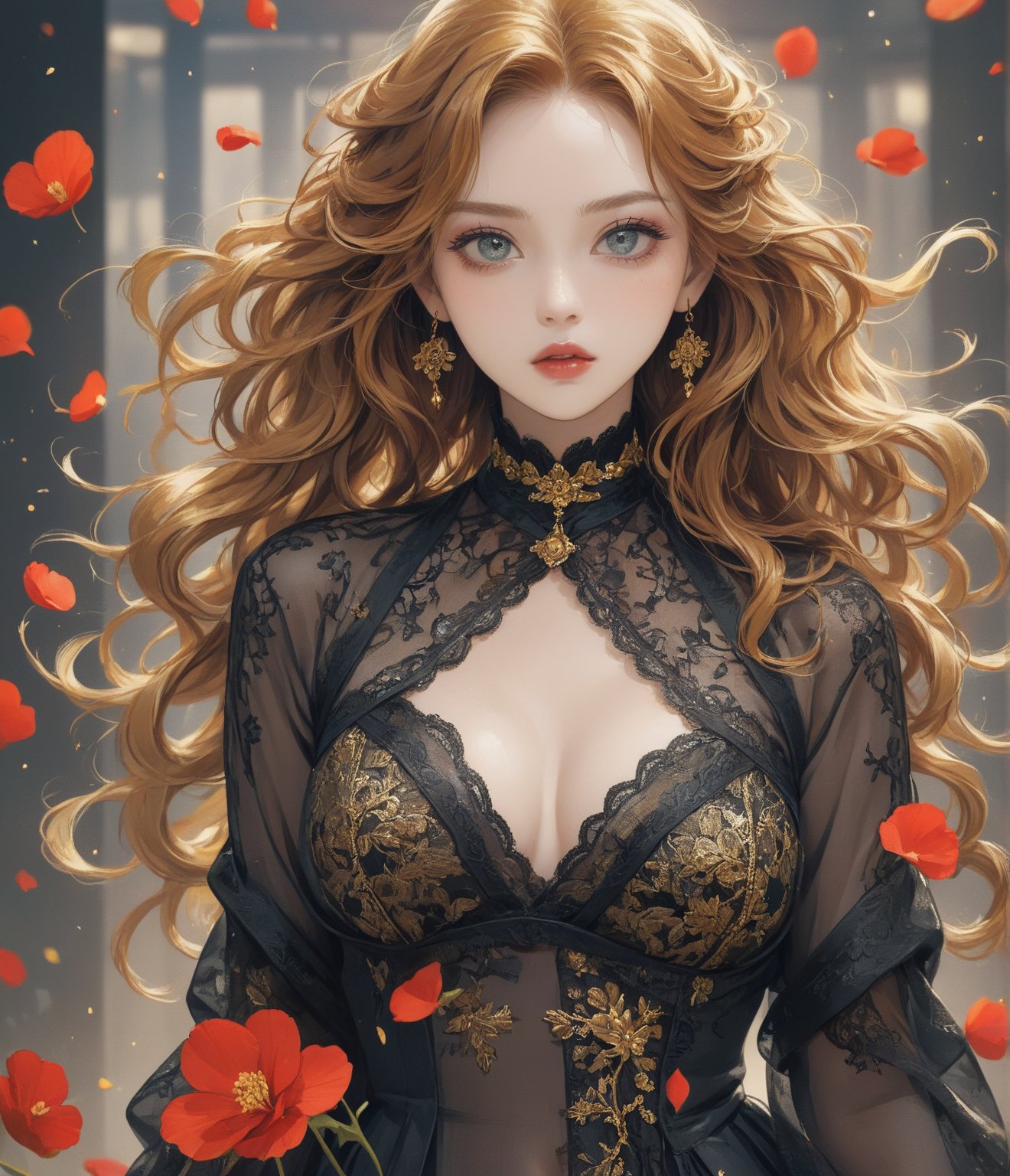 Masterpiece, 4K, ultra detailed, modern anime style, beautiful busty female singer with flawless dark makeup, beautiful detailed eyes and glossy lips, golden earring, wavy long ginger hair, sheer lace robe, romantic flower petals, windy, depth of field, SFW, more detail XL, punk art style,huayu