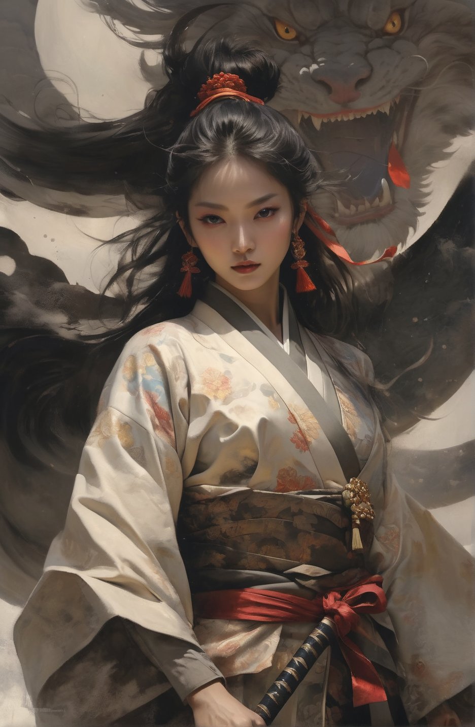 A fierce warrior woman stands confidently with her katana in hand, her intense gaze fixed ahead. Dressed in a beautifully detailed kimono adorned with floral patterns, her long, flowing hair is tied back with a red ribbon. The backdrop features a colossal dragon emerging from swirling clouds, enhancing the scene's dramatic and epic nature. The image exudes strength, determination, and an aura of mythical elegance, Official Art, Unity 8k Wallpapers, Ultra Detailed, Beautiful and Aesthetic, Masterpiece, Best Quality, (zen controversial, mandala, controversial, en controversial), (fractal art:1.3), 1girl, very detailed, dynamic angles, cowboy shot, the most beautiful form of chaos, elegance, barbarian design, bright colors, romanticism, by James Jean, Robbie Devi Antonio, Ross Chen, French Bacon, Michael Mu Raz, Adrian Genius, Petra Corright, Gerhard Richter, Takato Yamamoto, Ashley Wood, atmosphere, ecstasy of notes, flowing notes clearly visible

Chinese style, asian woman, wave, top quality, mystery, oil painting, crazy details, complex composition, strong colors, science fiction, transparency, dynamic lighting
Ink style, grayscale, pastels, mysterious atmosphere, delicate brushstrokes, frontal composition, wind and clouds,
Dynamic shots of flowing ink: Photorealistic masterpieces in 8k resolution: Aaron Hawkey and Jeremy Mann: Intricate fluid gouaches: Jean Bart tiste monger: Calligraphy: Cene: Colorful watercolor art, professional photography, volumetric light maximization photography: by marton bobzert: complexity, refinement, elegance, vastness, fantasy, dark composites, octane rendering, DonMASKTexXL, painted world in 8k resolution concept art, Fantasy Art, Oil Painting, Kabuki, Impressionist PaintingJapanese style, white cat, wave, top quality, mystery, oil painting, crazy details, complex composition, strong colors, science fiction, transparency, dynamic lighting
Ink style, grayscale, pastels, mysterious atmosphere, delicate brushstrokes, frontal composition, wind and clouds,
Dynamic shots of flowing ink: Photorealistic masterpieces in 8k resolution: Aaron Hawkey and Jeremy Mann: Intricate fluid gouaches: Jean Bart tiste monger: Calligraphy: Cene: Colorful watercolor art, professional photography, volumetric light maximization photography: by marton bobzert: complexity, refinement, elegance, vastness, fantasy, dark composites, octane rendering, DonMASKTexXL, painted world in 8k resolution concept art, Fantasy Art, Oil Painting, Kabuki, Impressionist Painting