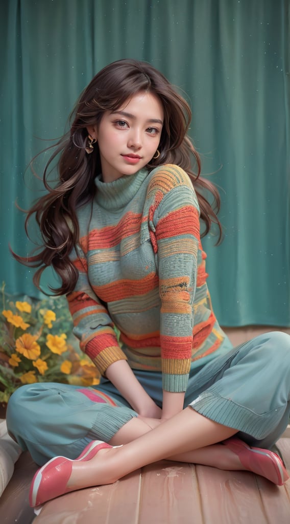 A young woman in love is seated gracefully, she is smiling, her back straight and legs crossed, against a teal background. Her long, wavy hair cascades over her shoulders, complementing her colorful striped sweater and matching teal pants. She exudes a sense of calm and poise, with a soft smile and warm, inviting eyes. The soft lighting enhances her delicate features, and the yellow flowers beside her add a touch of nature to the serene scene. The overall atmosphere is cozy and inviting, evoking a sense of comfort and elegance,background is the Arc de Triomphe,triumphal arch,Paris, 1 girl, beautiful korean girl,
wearing tight black sweater(turtle neck,simple),off shoulder top,tight leather short skirt, smile, solo, {beautiful and detailed eyes}, dark eyes, calm expression, delicate facial features, ((model pose)), Glamor body type, (dark hair:1.2), simple tiny earrings, simple tiny necklace,very_long_hair, hair past hip, bangs, curly hair, flim grain, realhands, masterpiece, Best Quality, 16k, photorealistic, ultra-detailed, finely detailed, high resolution, perfect dynamic composition, beautiful detailed eyes, eye smile, ((nervous and embarrassed)), sharp-focus, full_body, cowboy_shot,poakl