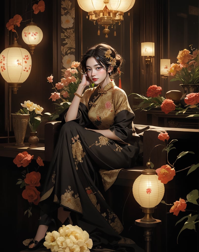 Create a highly detailed, realistic illustration of an elegant Asian woman seated in a richly decorated room. The room is illuminated by multiple ornate lanterns, casting a warm, golden glow. The woman is dressed in a traditional, elaborate floral-patterned modern cheongsam with intricate embroidery. Her hair is styled in an elaborate updo adorned with flowers and jewelry. She sits gracefully, her expression contemplative and serene. Surrounding her are various decorative elements, including vases with blooming flowers and traditional furniture, creating a luxurious and intimate atmosphere. The overall composition exudes sophistication, cultural richness, and a sense of timeless beauty, 8k, masterpiece, ultra-realistic, best quality, high resolution, high definition,fancy light