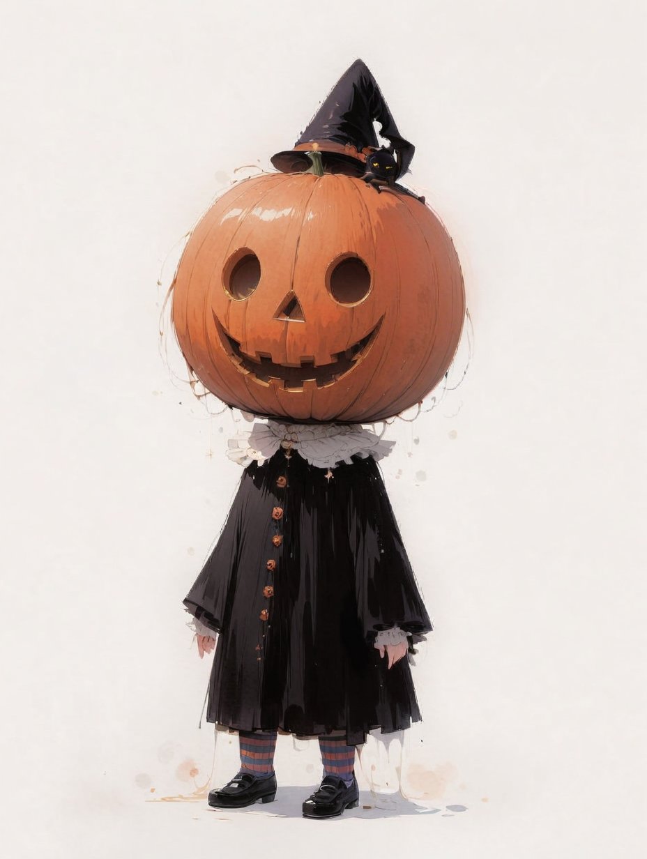 Utagawa Kuniyoshi style,A whimsical, vintage-inspired figure with a large jack-o’-lantern head, featuring a classic carved face with triangular eyes and a wide, toothy grin. The character is dressed in an elegant, flowing black cloak adorned with oversized buttons, exuding a simple yet striking Halloween charm. The outfit is accentuated by a pointed witch’s hat perched atop the pumpkin head, adding a touch of magical flair. Beneath the cloak, striped stockings and polished black shoes add a playful contrast. The character’s white, frilled collar gives a nod to vintage Halloween aesthetics, blending spooky with a sense of old-world style. The minimalistic background emphasizes the character’s bold design and playful spirit, perfect for a festive, slightly eerie Halloween scene, use magic,Anime,hentai,Anime,watercolor \(medium\),Oil painting style,Fine art parody