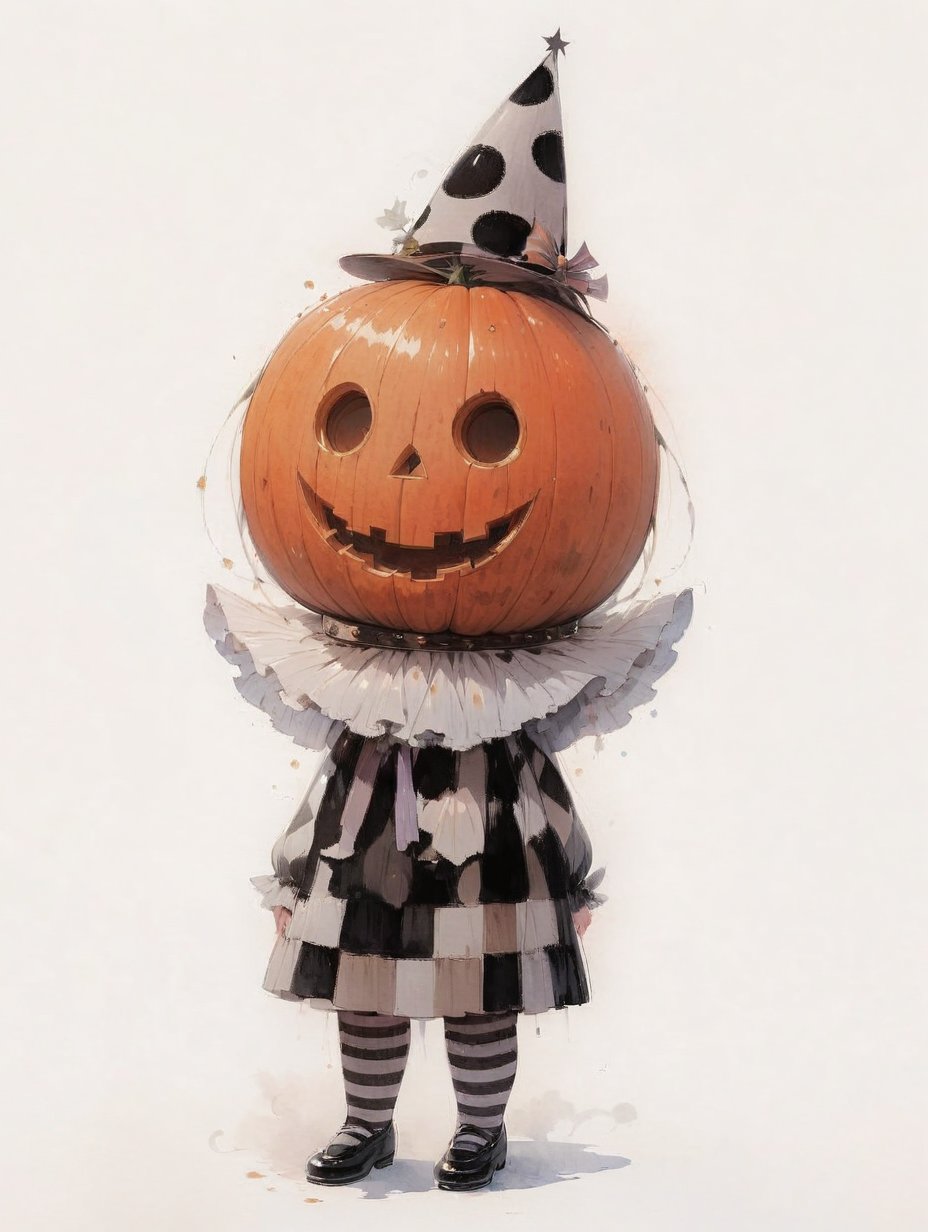 Utagawa Kuniyoshi style,A charming, playful character with a large jack-o’-lantern pumpkin head, featuring classic carved eyes and a wide grin. The character is dressed in a whimsical, harlequin-style costume with a bold black-and-white checkered pattern, accented by a frilly, oversized collar. The look is completed with a matching pointed hat adorned with large polka dots, adding a touch of mischievous flair. The character’s striped stockings and shiny black shoes evoke a vintage, circus-like Halloween atmosphere. The soft, neutral background allows the vivid contrast of black, white, and orange to stand out, capturing the playful yet slightly eerie mood of the season, use magic,Anime,hentai,Anime,watercolor \(medium\),Oil painting style,Fine art parody