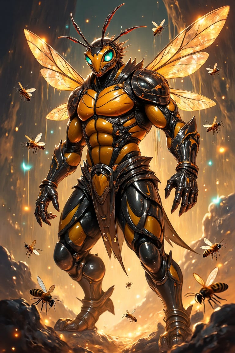 Create a vibrant fantasy illustration of a powerful,  anthropomorphic bee creature. Its body is muscular and humanoid,  wi...