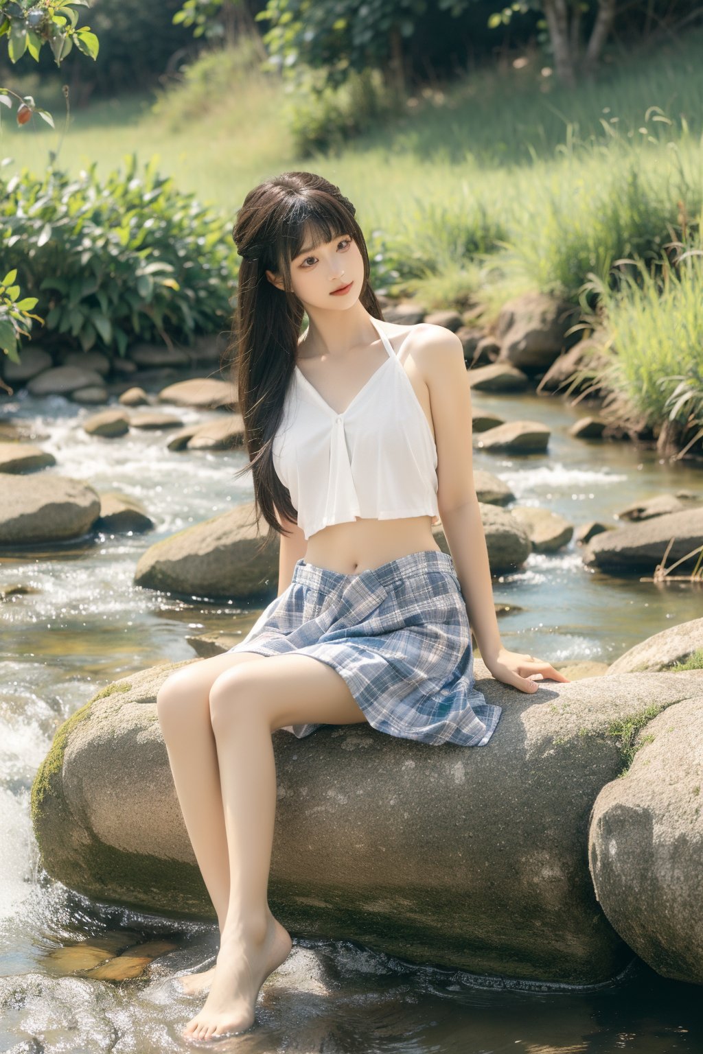  1girl, pale skin,black hair,long_hair,outdoors,sitting, bridge,river,full_body, miniJK,plaid,bare belly