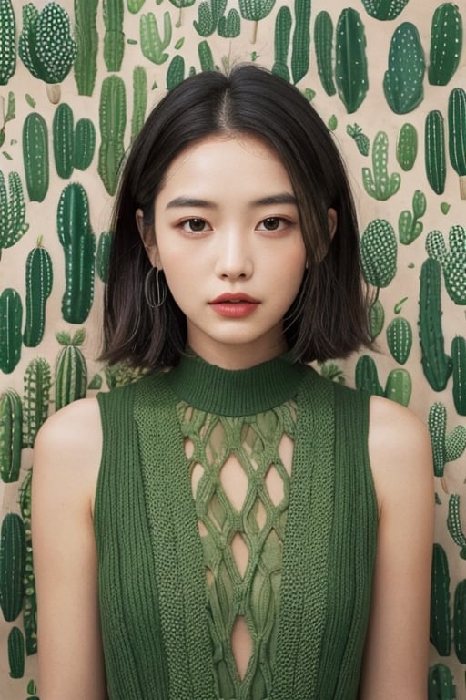 The portrait shows a woman wearing a green dress adorned with cactus-shaped patterns. She is surrounded by a collection of various cacti, some of which have bloomed with flowers. One cactus in particular has grown in the shape of her face, creating a humorous visual pun. The woman is in the center of the portrait, with her cactus collection surrounding her. The face-shaped cactus is placed next to her head, creating a visual connection between the two. The variety of cacti shapes and sizes creates a visually interesting scene, while the color palette of greens and earth tones ties everything together.