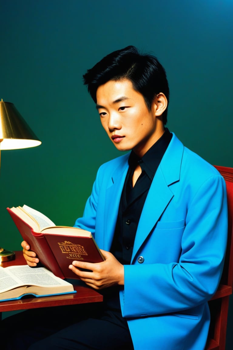 young asian man in blue kimono is sitting on a chair reading a book. 1970s. French. professional photography. ultra-high detail. ultra-high photorealism. neon light glow. disco chic