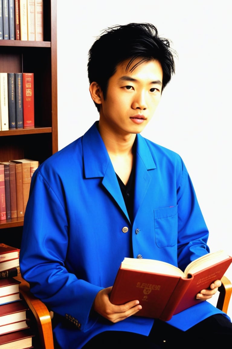 young asian man in ornate blue kimono is sitting on a chair reading a book. 1970s. French. professional photography. ultra-high detail. ultra-high photorealism. neon light glow. disco chic