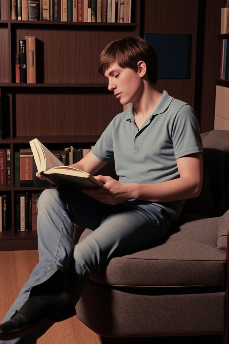 young man is sitting on a chair reading a book. 1970s. French. professional photography. ultra-high detail. ultra-high photorealism