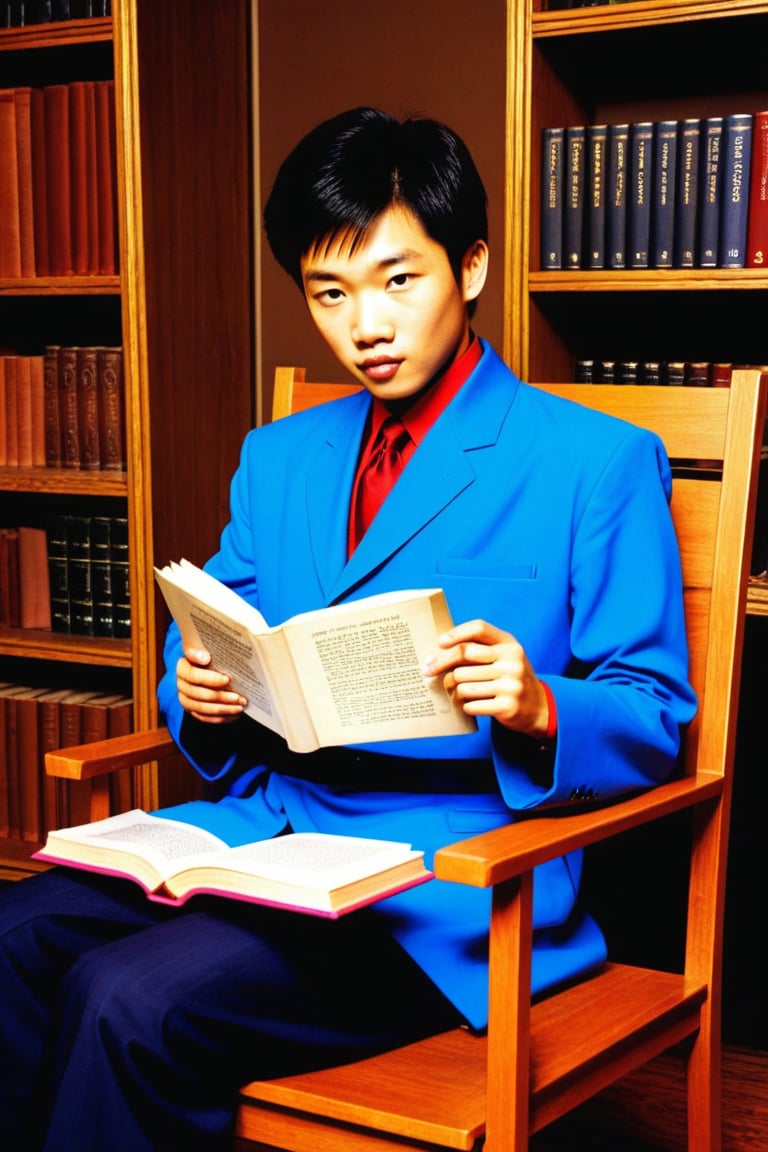 young asian man in ornate blue kimono is sitting on a chair reading a book. 1970s. French. professional photography. ultra-high detail. ultra-high photorealism. neon light glow. disco chic