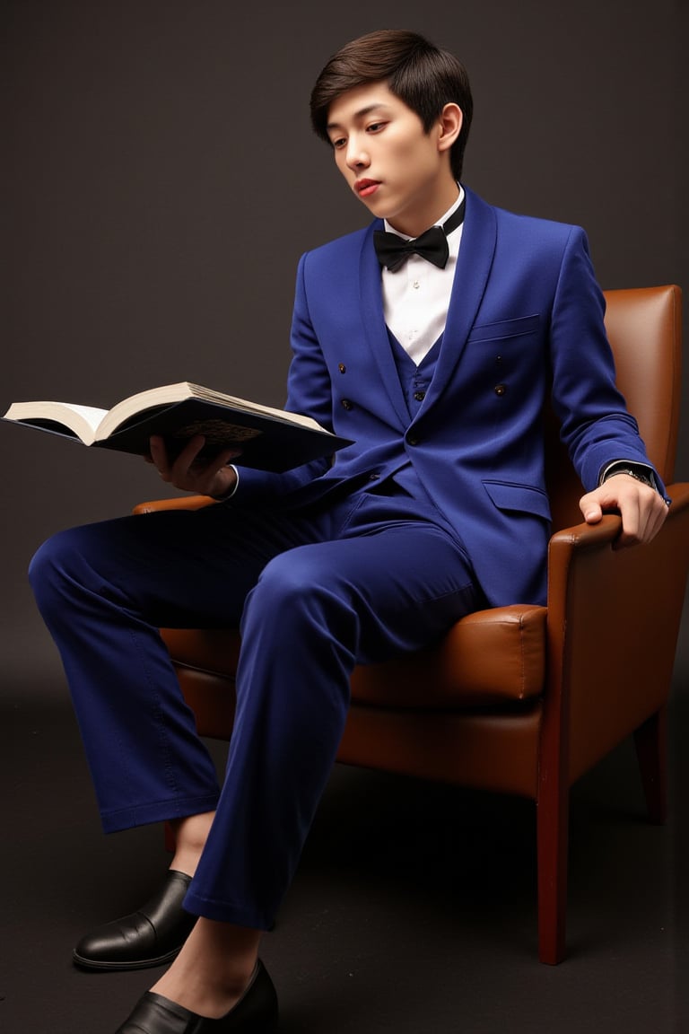 young asian man in blue velvet is sitting on a chair reading a book. 1970s. French. professional photography. ultra-high detail. ultra-high photorealism